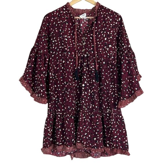 Umgee Mini Dress Womens S Burgundy Leopard Print Cottagecore Ruffle Bell Sleeve - Picture 1 of 6